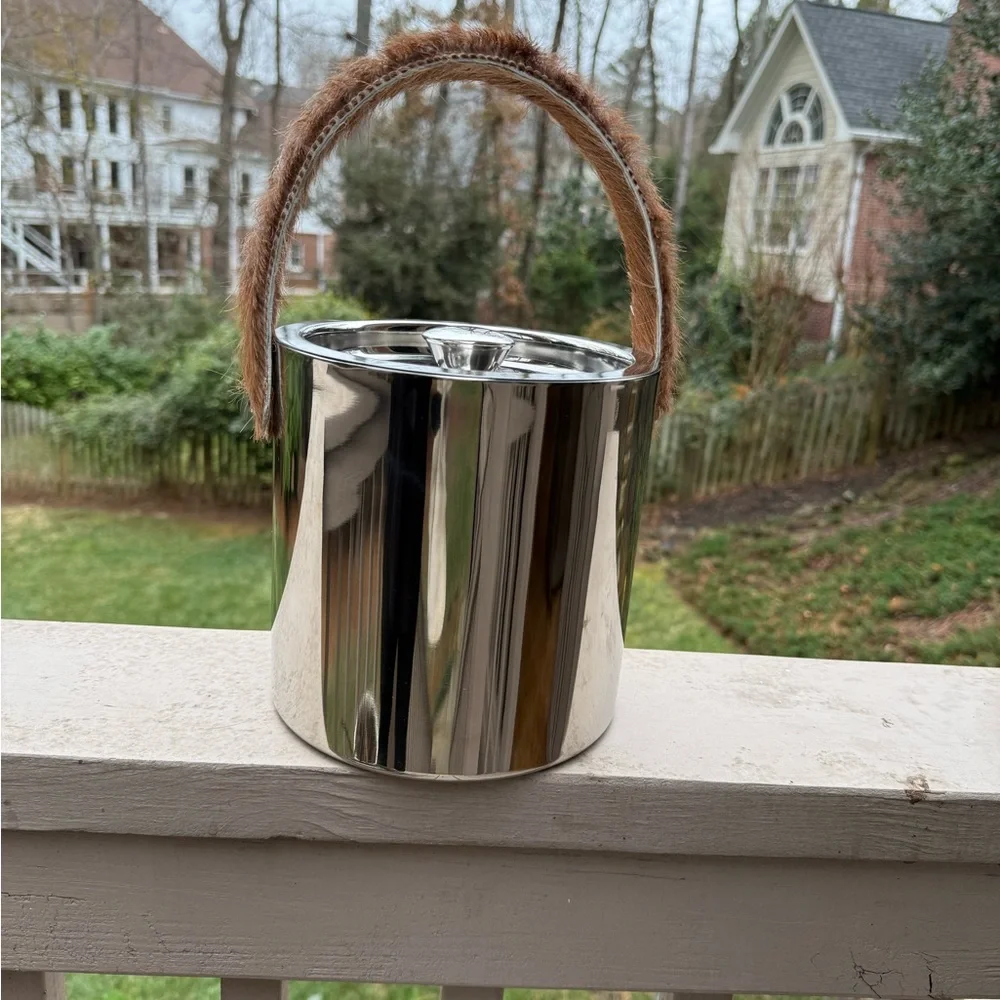 Silver Ice Bucket with animal hide Handle